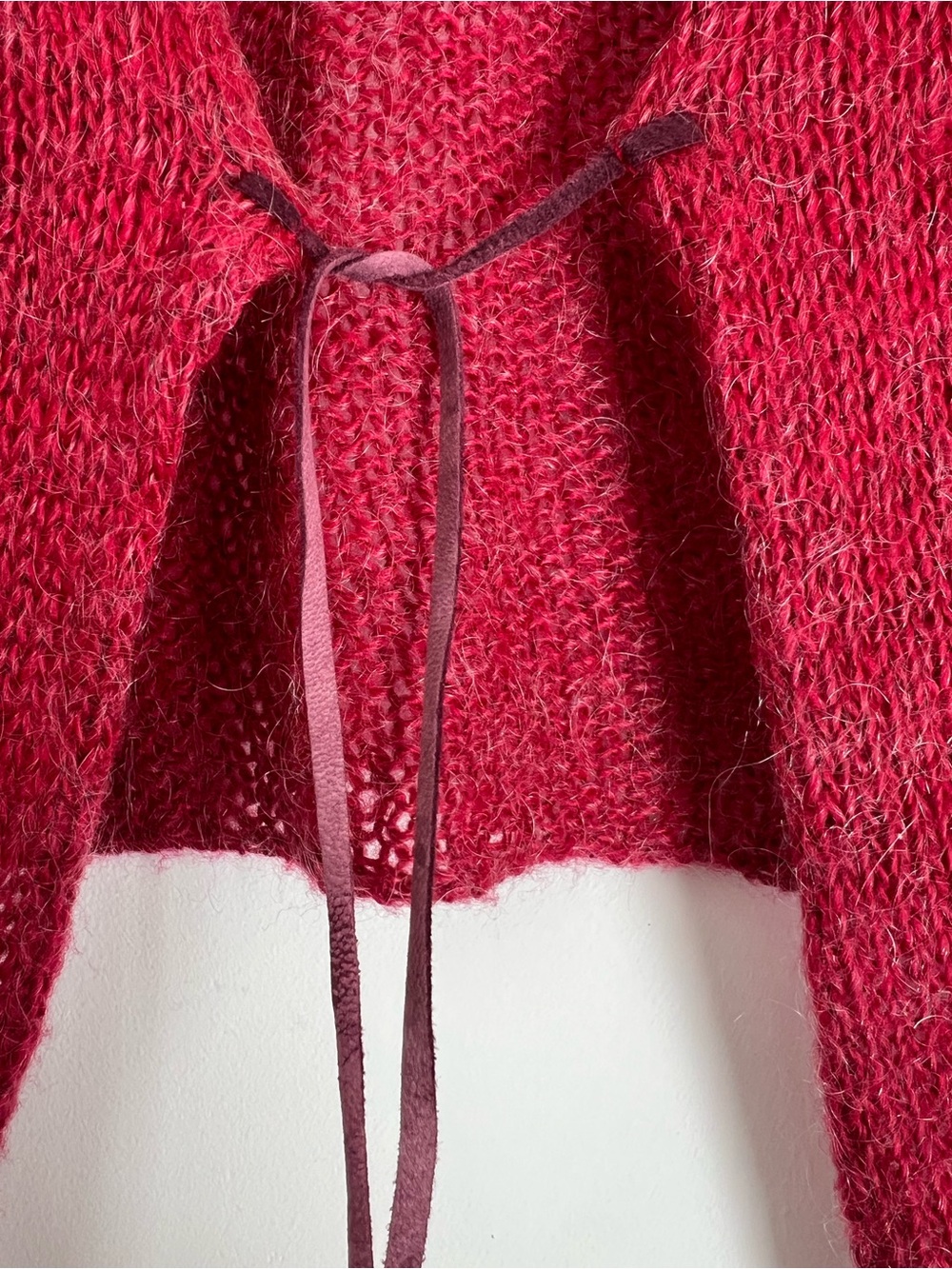 Laurie B. Berry Red Mohair Blend Cropped Open Knit Tie-Front Cardigan - Size M - Picture 4 of 7